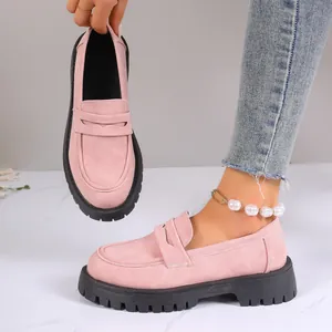Stylish pink suede British style chunky sole loafers for women with a comfortable fit