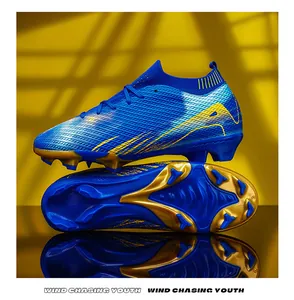 Professionele blauwe en gouden flyknit voetbalschoenen met FG lange noppen voor training