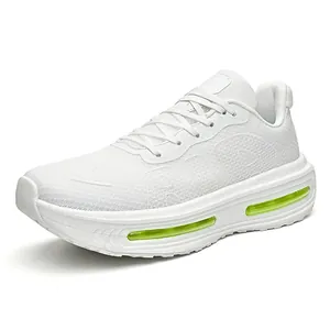 Breathable white mesh running shoes featuring vibrant green air cushion thick soles