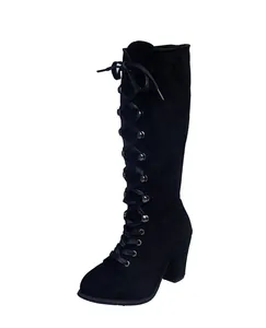 Women's stylish black suede knee-high boots with lace-up front and chunky block heel