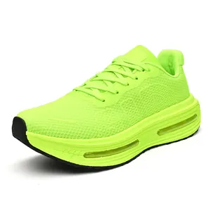 Professional neon green breathable mesh running shoes with thick shock-absorbing air cushion sole