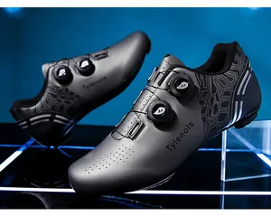 Professional grey cycling shoes with dual rotary buckles and breathable mesh design
