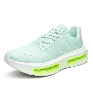 Unisex breathable mesh running shoes with luminous air cushion and thick sole in mint green