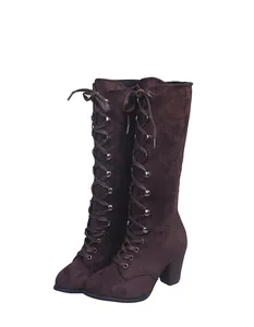 Women's dark brown suede mid-calf lace-up boots with chunky heels and round toe