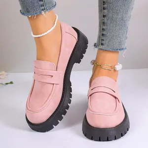 Comfortable pink suede-like platform loafers with thick lug soles for women's daily wear