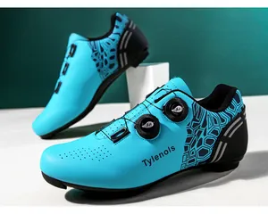 Cyan cycling shoes with dual rotary buckle closure and geometric heel pattern design