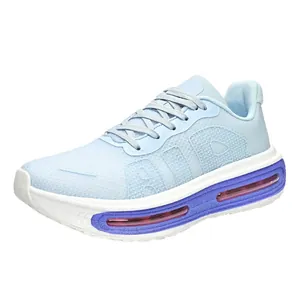 Professional light blue breathable air cushion running shoes with luminous thick sole.