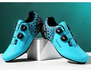 Professional blue cycling shoes with dual rotating buckles and breathable vents.