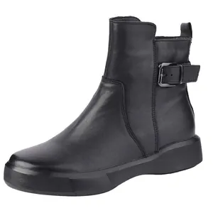 Classic black flat Chelsea boots for women featuring a stylish side buckle strap detail