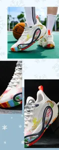 Detailed view of low-top basketball shoes with colorful abstract art patterns