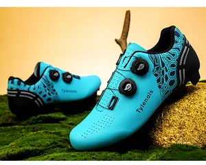 Side view of T125 cyan cycling shoes highlighting the dual rotary buckle system