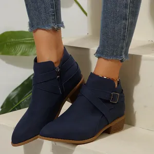 Women Pointed Toe Chelsea Boots Mid Block Heel Ankle Boots Side Zipper Criss-Cross Strap British Style Suede Synthetic Leather Autumn Winter Shoes