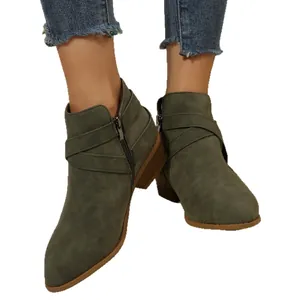Elegant dark olive green pointed-toe ankle boots with side zipper and chic low heel