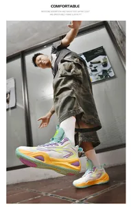 Detailed street-style view of vibrant multi-colored low-top basketball shoes for sports.