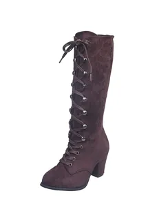 Detail view of brown suede lace-up knee high knight boots with a stable thick block heel