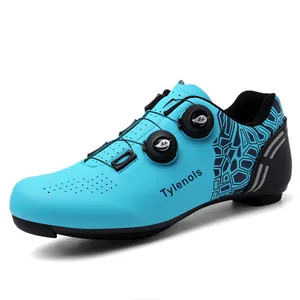 Professional cyan cycling shoes with dual rotary buckles and breathable mesh upper.