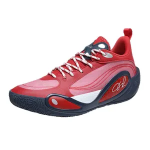 Professional red low-top basketball shoes for training with anti-slip durable rubber sole
