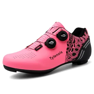 Professional pink cycling shoes with dual rotary dial closure and breathable upper