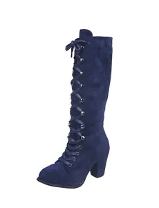 Detail view of navy blue suede lace-up knee-high boots with chunky high heel