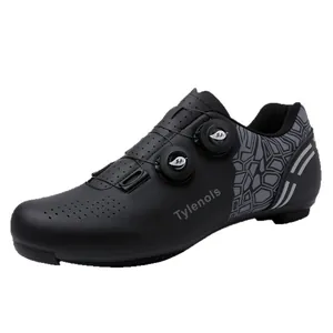Professional black cycling shoes with dual rotating buckles and breathable upper