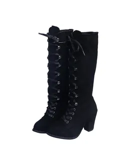 Elegant black suede lace-up knee-high boots with a stylish chunky block heel for women