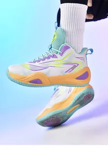 Professional dynamic detail of high-top basketball shoes with vibrant mismatched colors