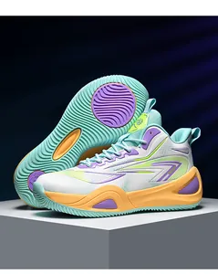 Detailed view of colorful low-top basketball shoes showing side profile and anti-slip sole
