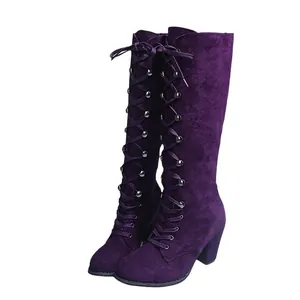 Elegant purple lace-up knee-high boots with chunky heels and round toe design.