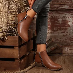 Dames Enkellaarsjes Met Spitse Neus Blokhak Vintage Westerse Stijl Zijrits Microvezel Martin Boots Korte Laarzen
