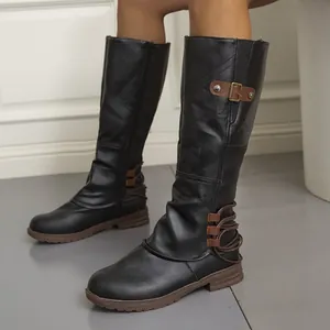 Women Vintage Knee High Riding Boots Square Heel Side Zipper Buckle Belt Lace Up Knight Boots Tall PU Leather Winter Boots