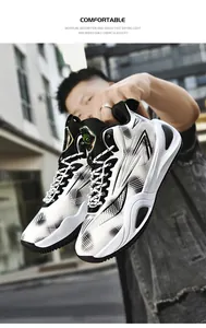 Close-up of low-top basketball shoes with stylish black and white pattern