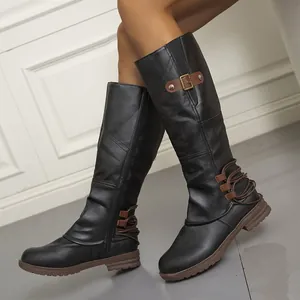 Classic black faux leather tall knight boots for women featuring side zipper and buckle