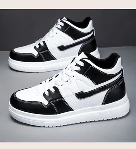 Side profile of black and white platform sneakers with leather finish for men and women