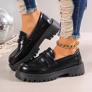 Stylish women's chunky platform loafers in black, vintage British style comfortable shoes