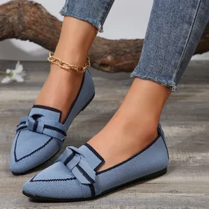 Mocassins plats en tricot respirant bleu pour femme avec nœud décoratif, chaussures confortables