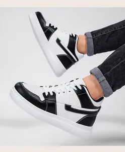 Unisex black and white leather sports shoes with hidden thick-soled height increase