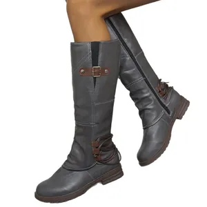 Women's grey leather knee-high rider boots with square heel and side zipper detail