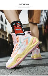Detail view of stylish pink and yellow low-top basketball shoes for outdoor sports