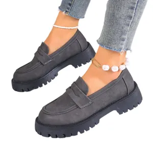 Classic dark grey chunky platform penny loafers for women in retro British style