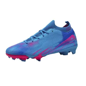 Professionele blauw-roze flyknit voetbalschoenen met hoog model en FG-noppen