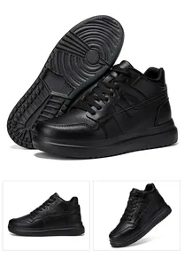 All-black faux leather platform elevator sneakers for men and women, casual skate shoes