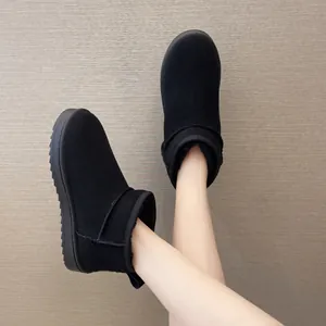 Cozy black slip-on snow boots for women featuring thick faux fur lining for winter