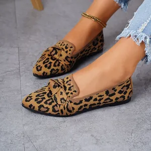 Comfortable leopard print pointed toe flat knit loafers for women casual wear