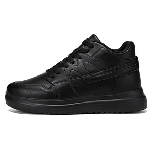 All-black unisex platform sneakers with leather upper and thick sole casual skate shoes