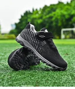 Close-up detail of lightweight breathable black flyknit mesh walking shoes for seniors