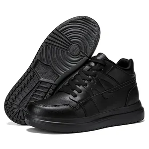 Classic all-black platform skateboard shoes with premium leather finish and thick sole