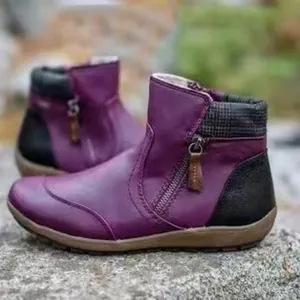 Bottines pour femmes en similicuir violet avec double fermeture éclair et détails à carreaux