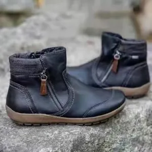 Bottines en cuir noir pour femmes avec double fermeture éclair et semelle plate