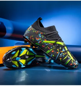 Detailed macro view of professional soccer cleats with flyknit collar and vibrant patterns