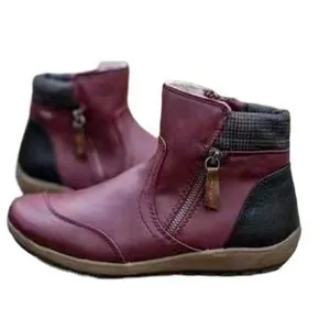 Bottines plates bordeaux élégantes pour femmes avec double fermeture éclair et col à carreaux